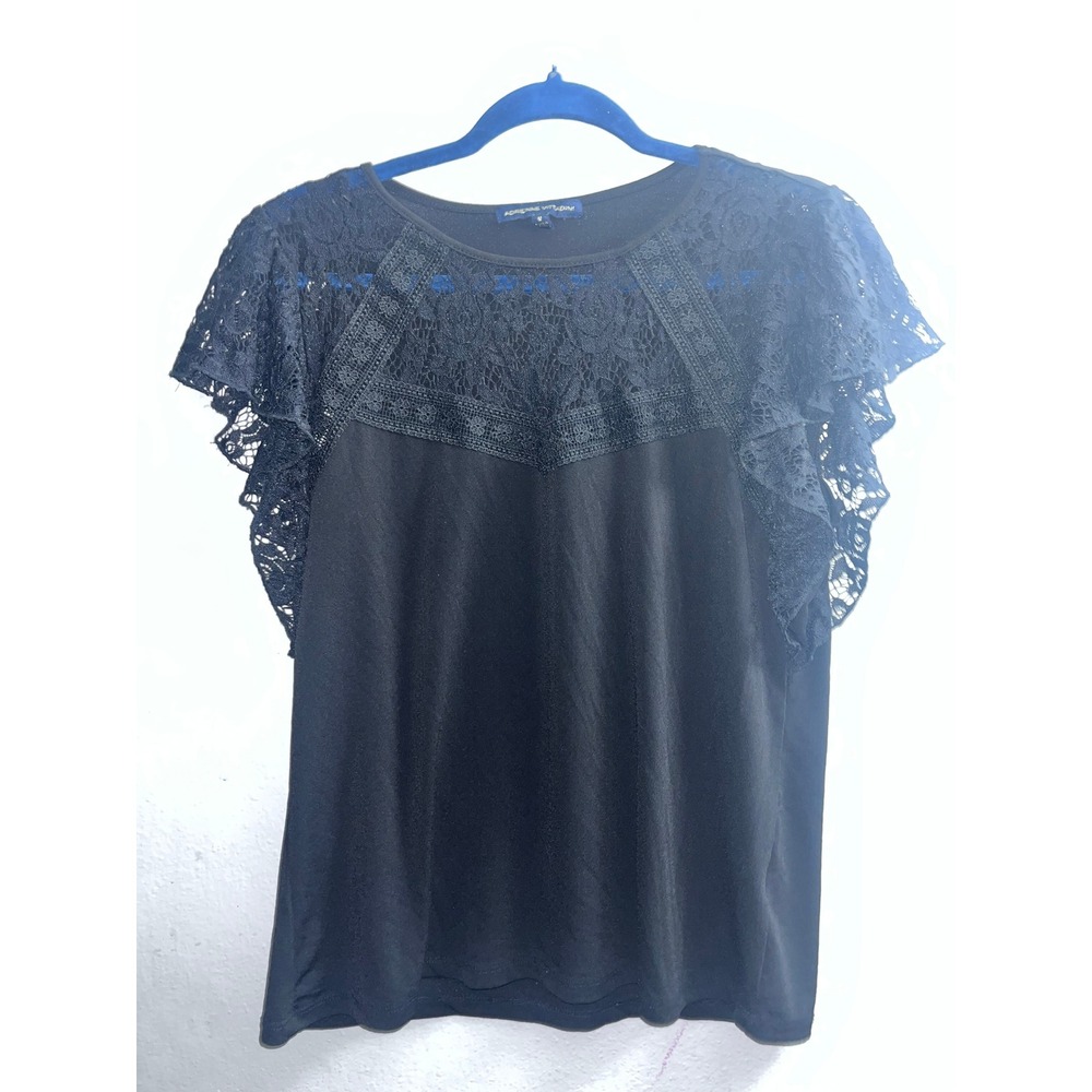 Adrienne‎ Vittadini Black Lace Flutter Sleeve Top Blouse Medium